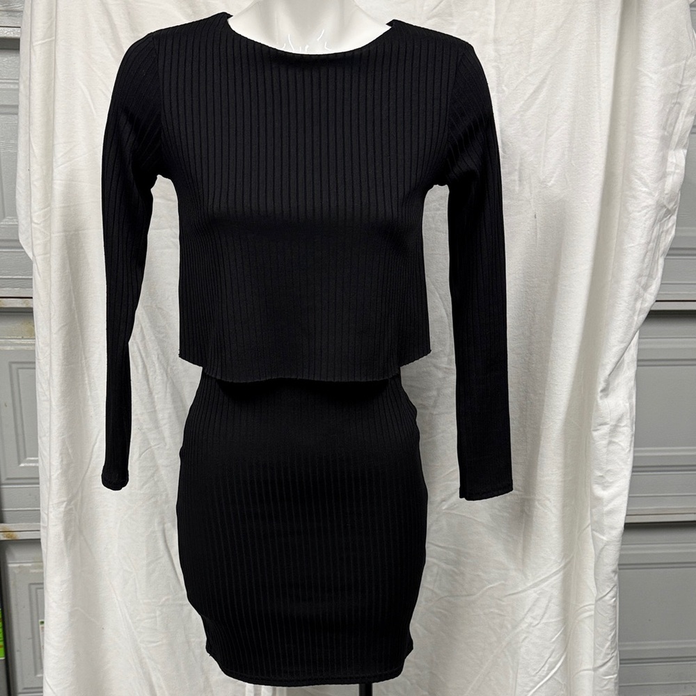 River Island Black Long Sleeve Ribbed Dress
